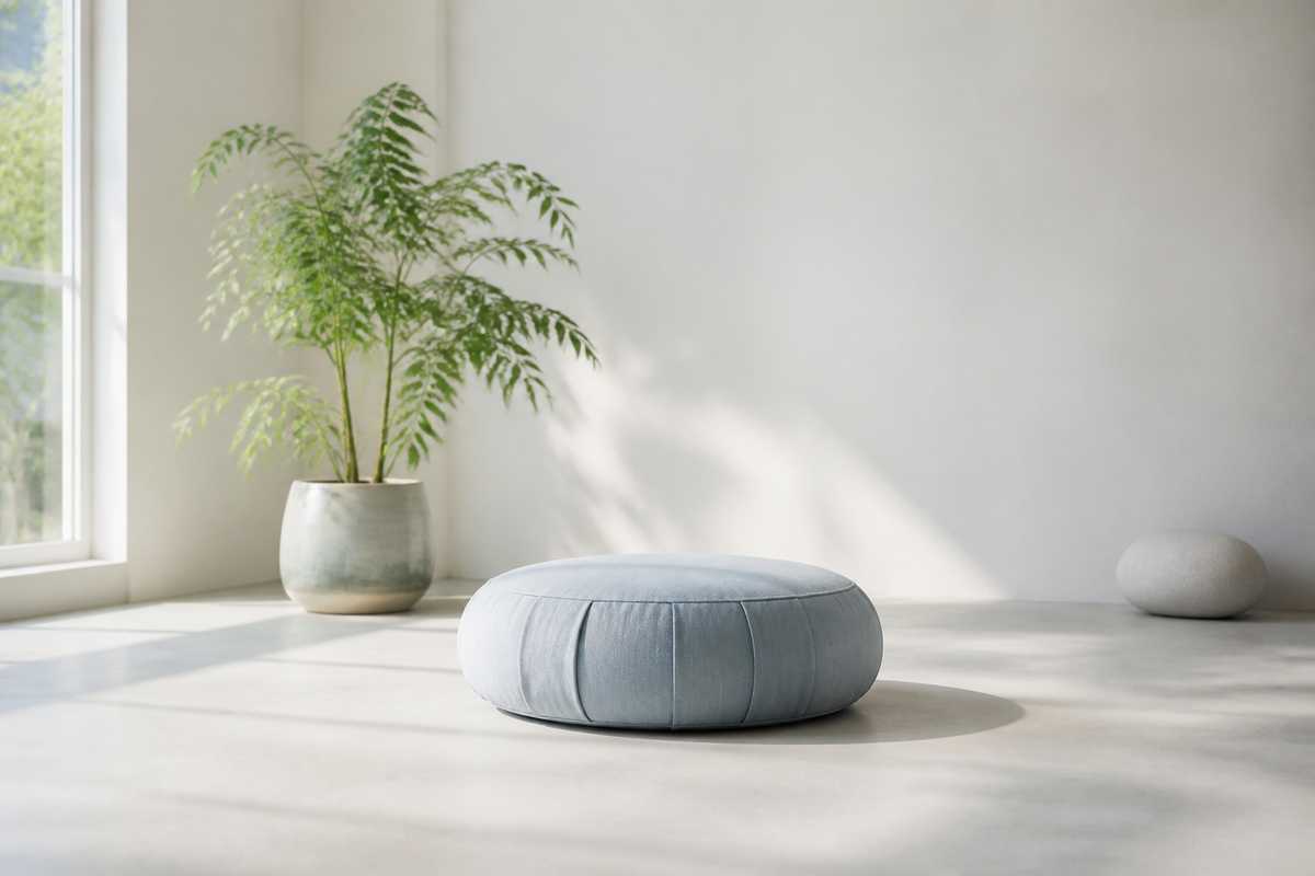 Coin calme avec coussin de meditation et plante verte