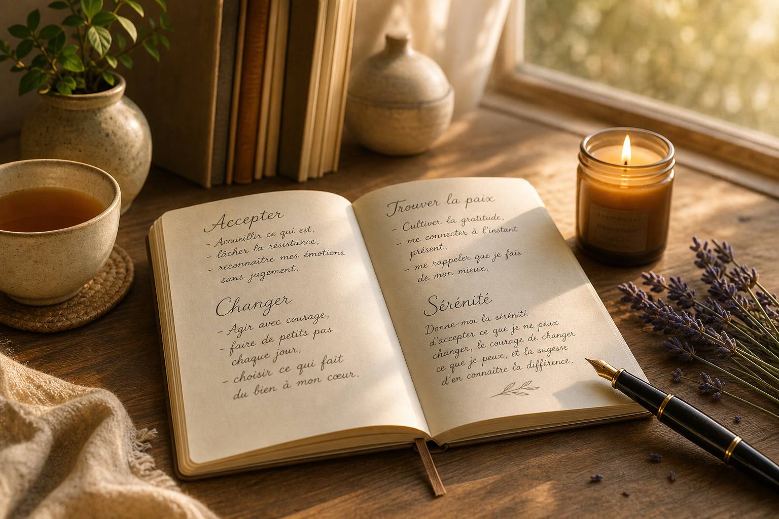 Journal ouvert avec notes manuscrites et bougie allumée sur un bureau paisible, lumière dorée