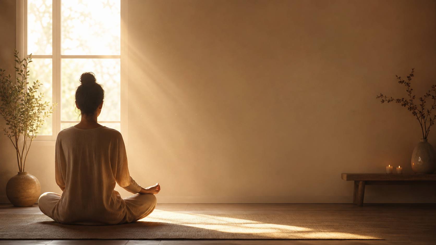 Rayons de soleil traversant une fenêtre avec une personne méditant en silhouette, ambiance apaisante
