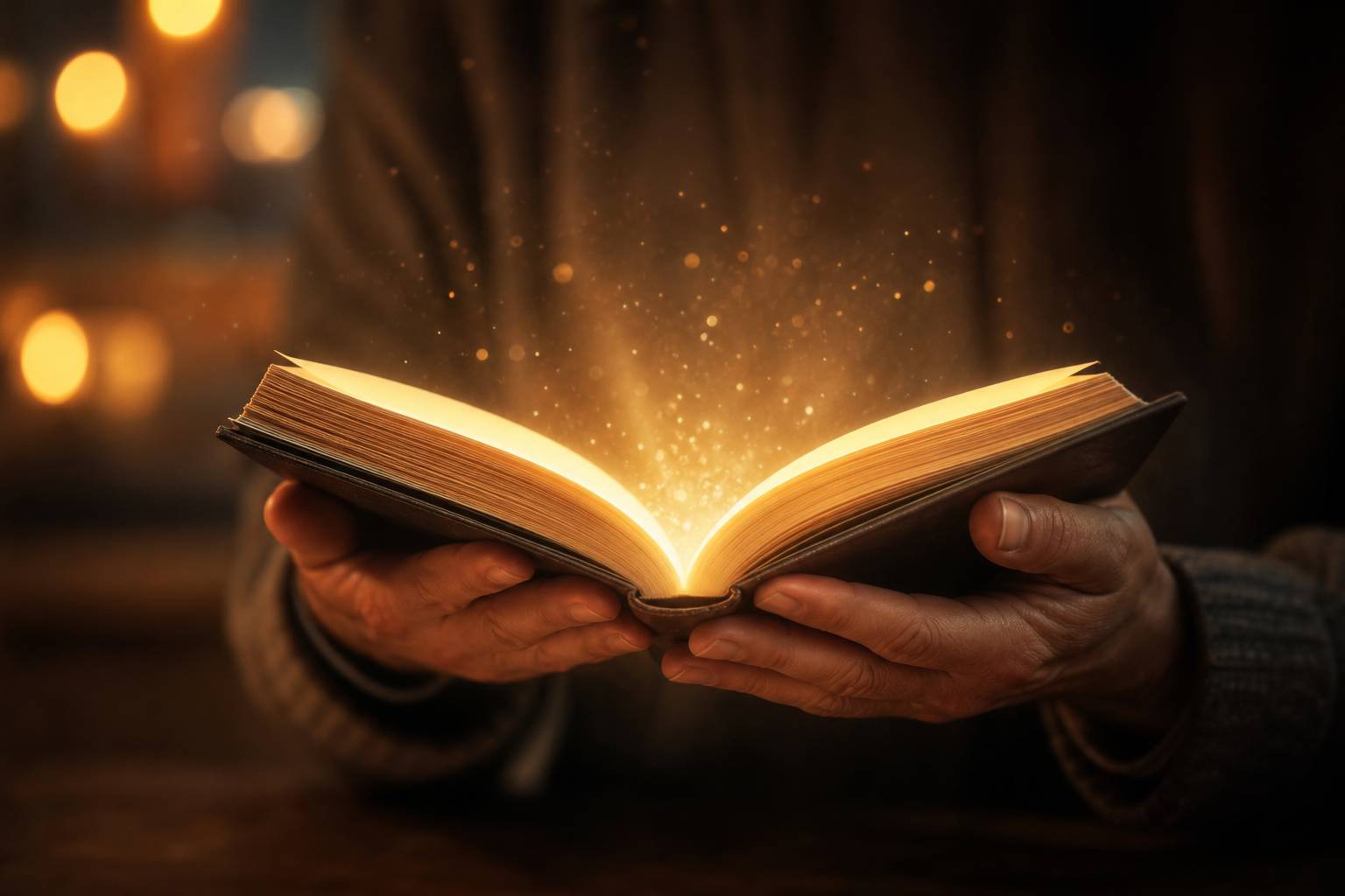 Mains tenant un livre ouvert d'où émane une lumière dorée, photographie littéraire inspirante