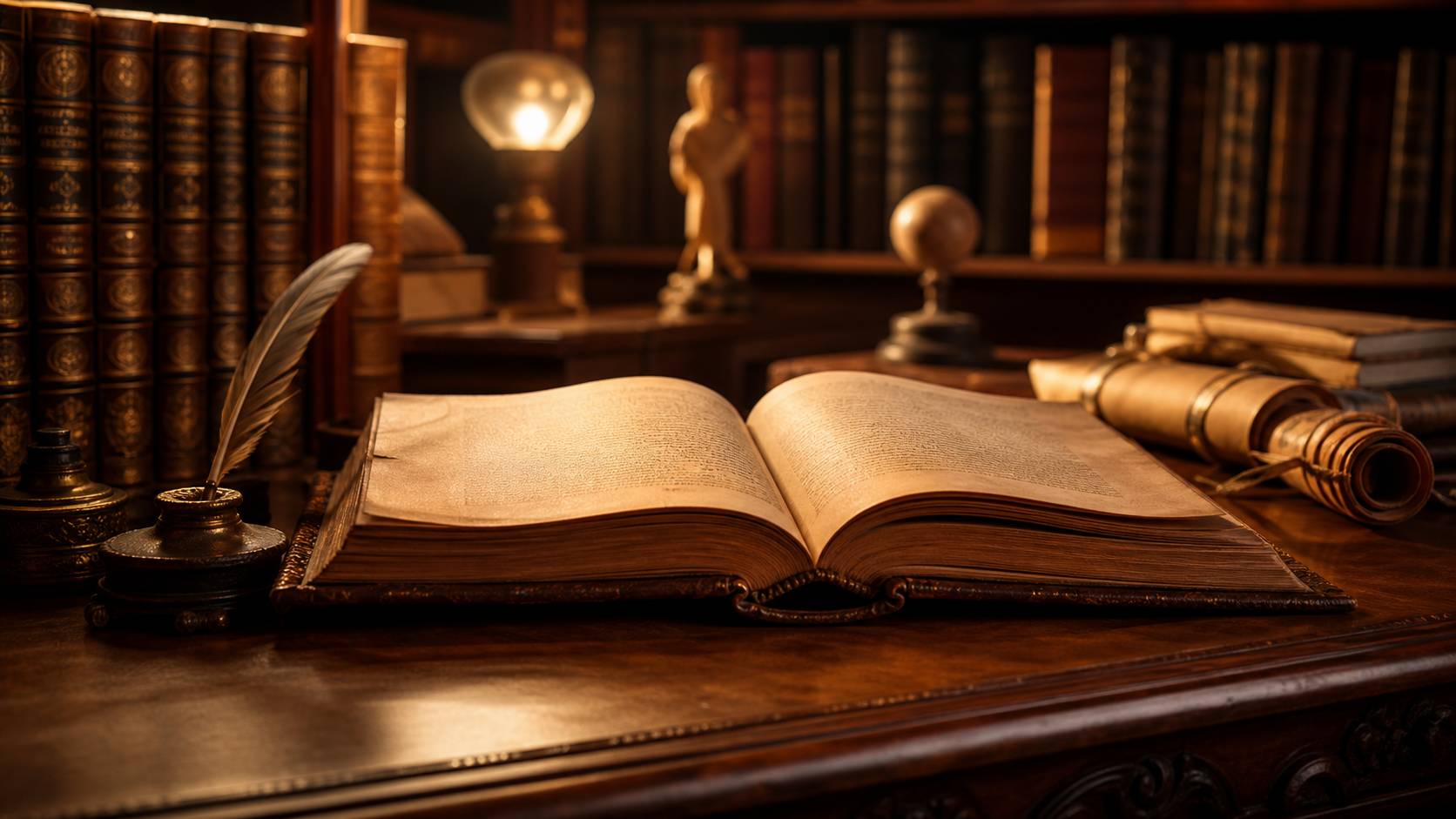 Livre ancien en cuir ouvert sur un bureau en bois avec plume et parchemin, bibliothèque chaleureuse