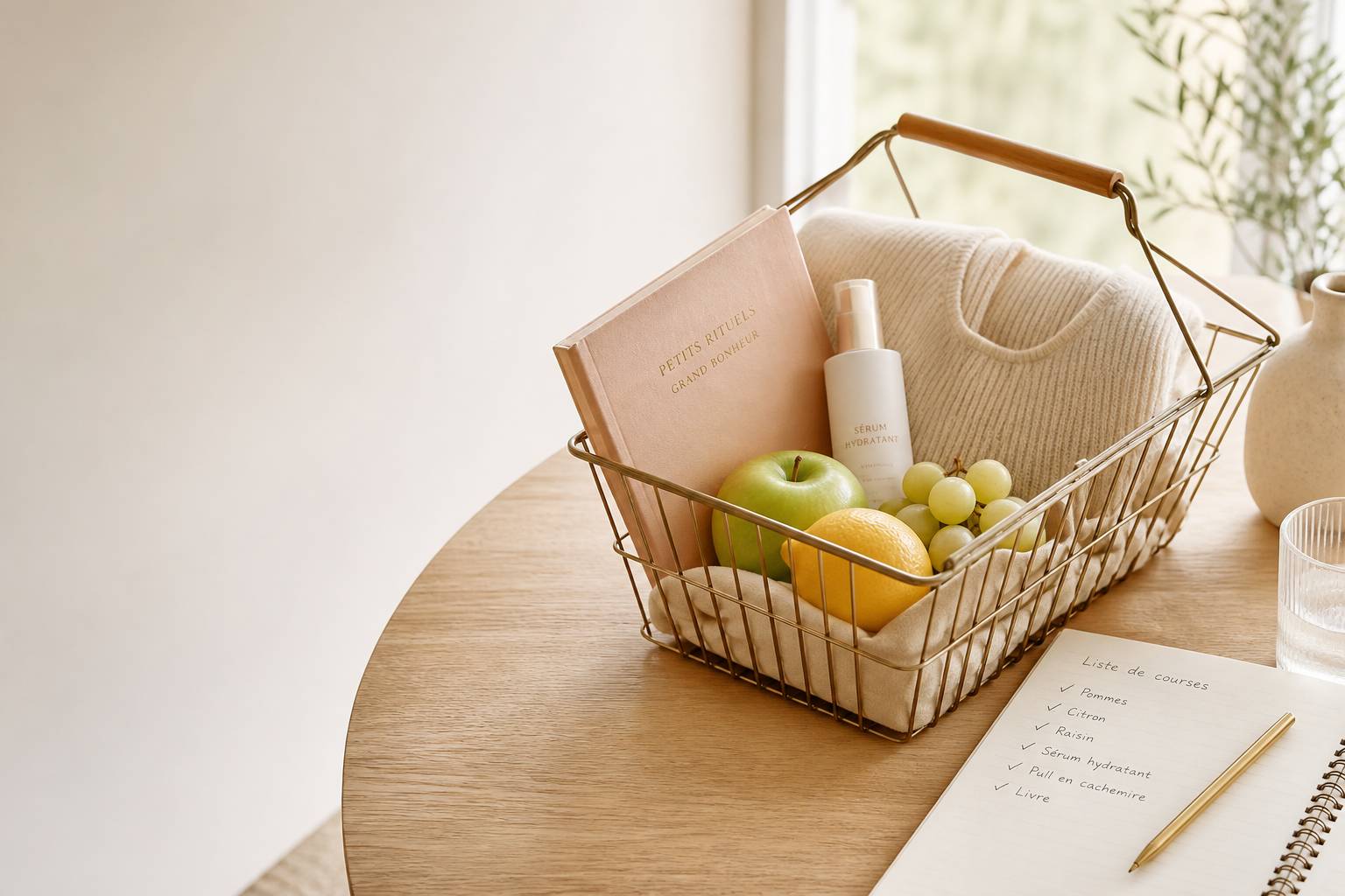 Panier de courses avec articles choisis et un carnet à checklist, concept de consommation responsable