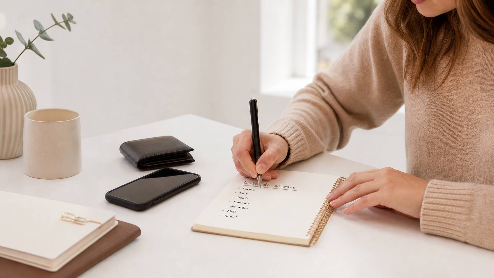 Personne écrivant une liste de courses sur un bureau calme avec portefeuille et téléphone à côté