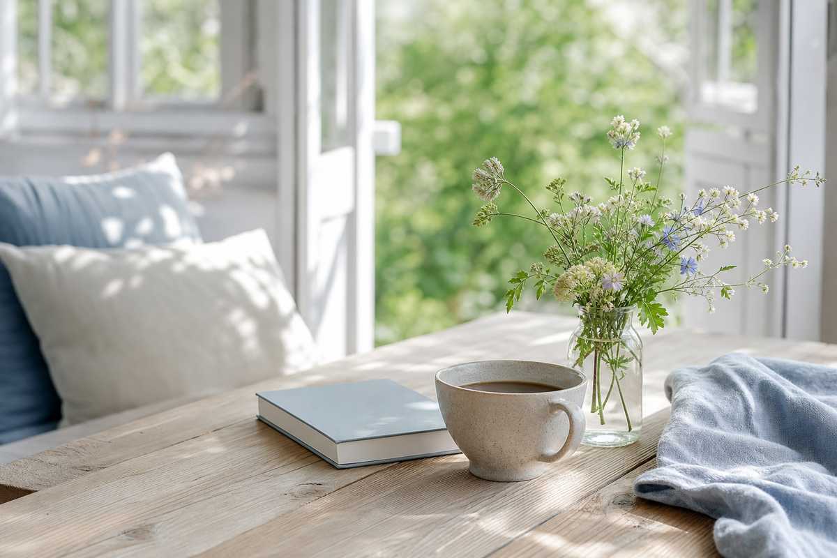 Table de petit dejeuner cosy avec tasse, livre et fleurs