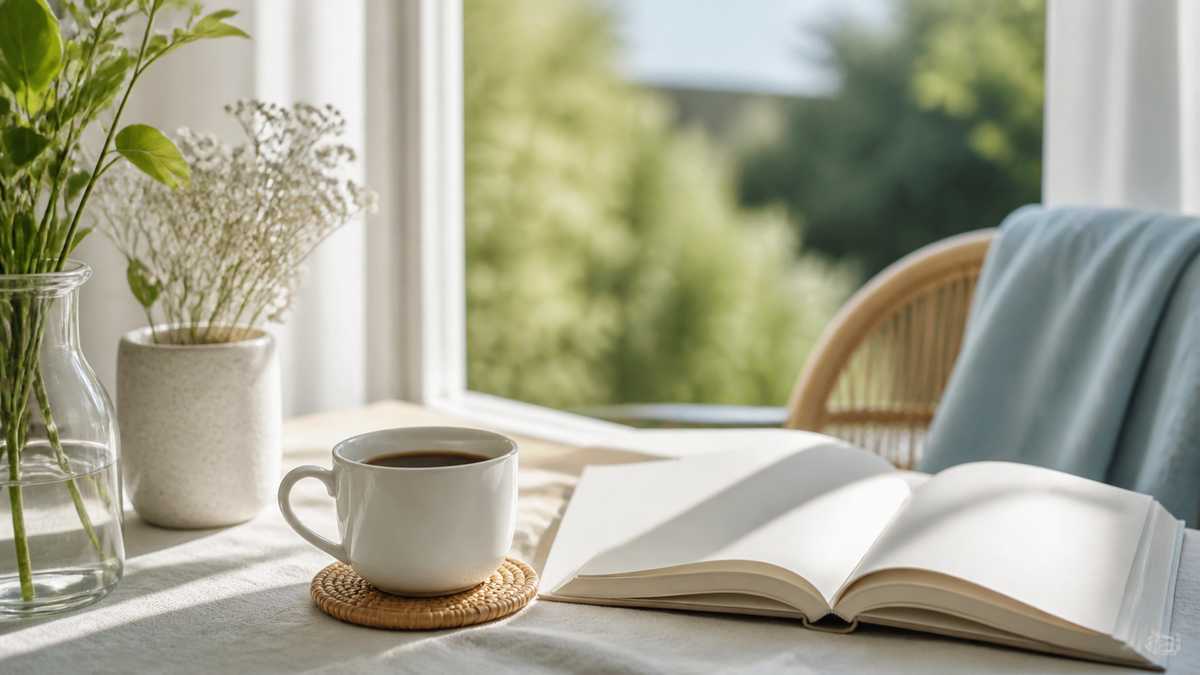 Petits plaisirs simples du quotidien, tasse de cafe et livre en lumiere matinale