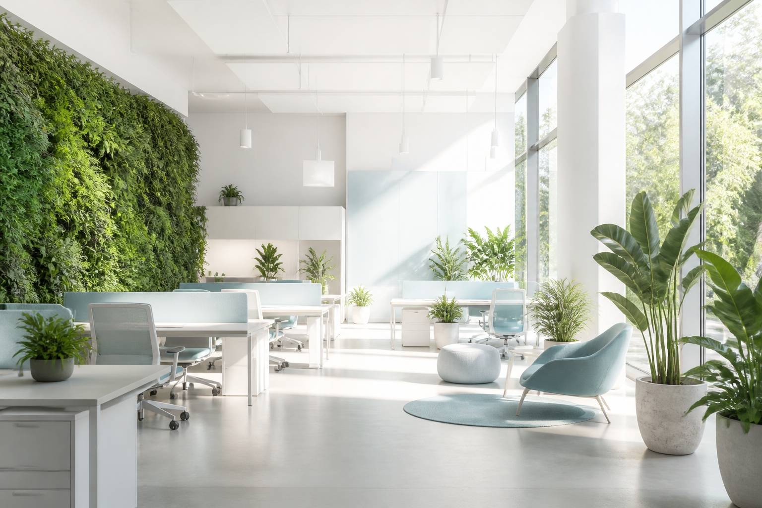 Espace de travail moderne avec un mur végétal et des plantes