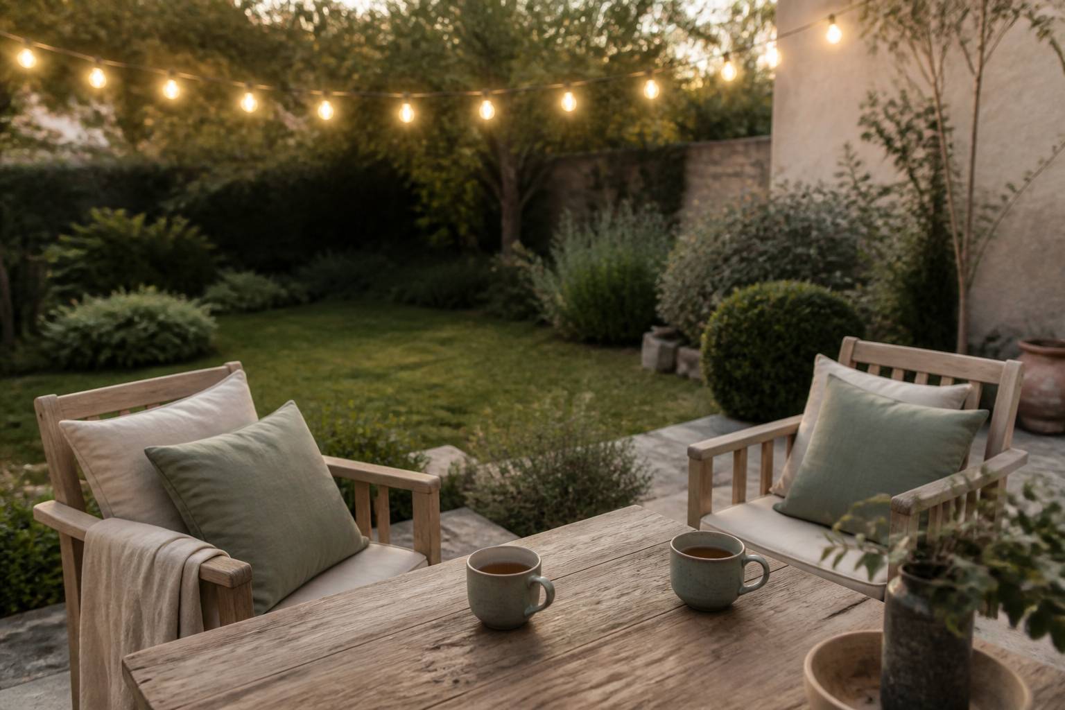 Deux tasses de thé sur une table de jardin conviviale