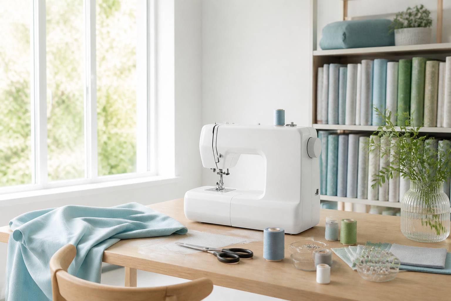 Atelier de couture avec une machine a coudre et des rouleaux de tissus colores