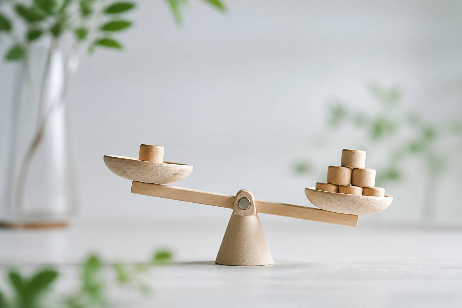 Petite balance avec deux plateaux, l'un plus charge que l'autre, sur une table claire