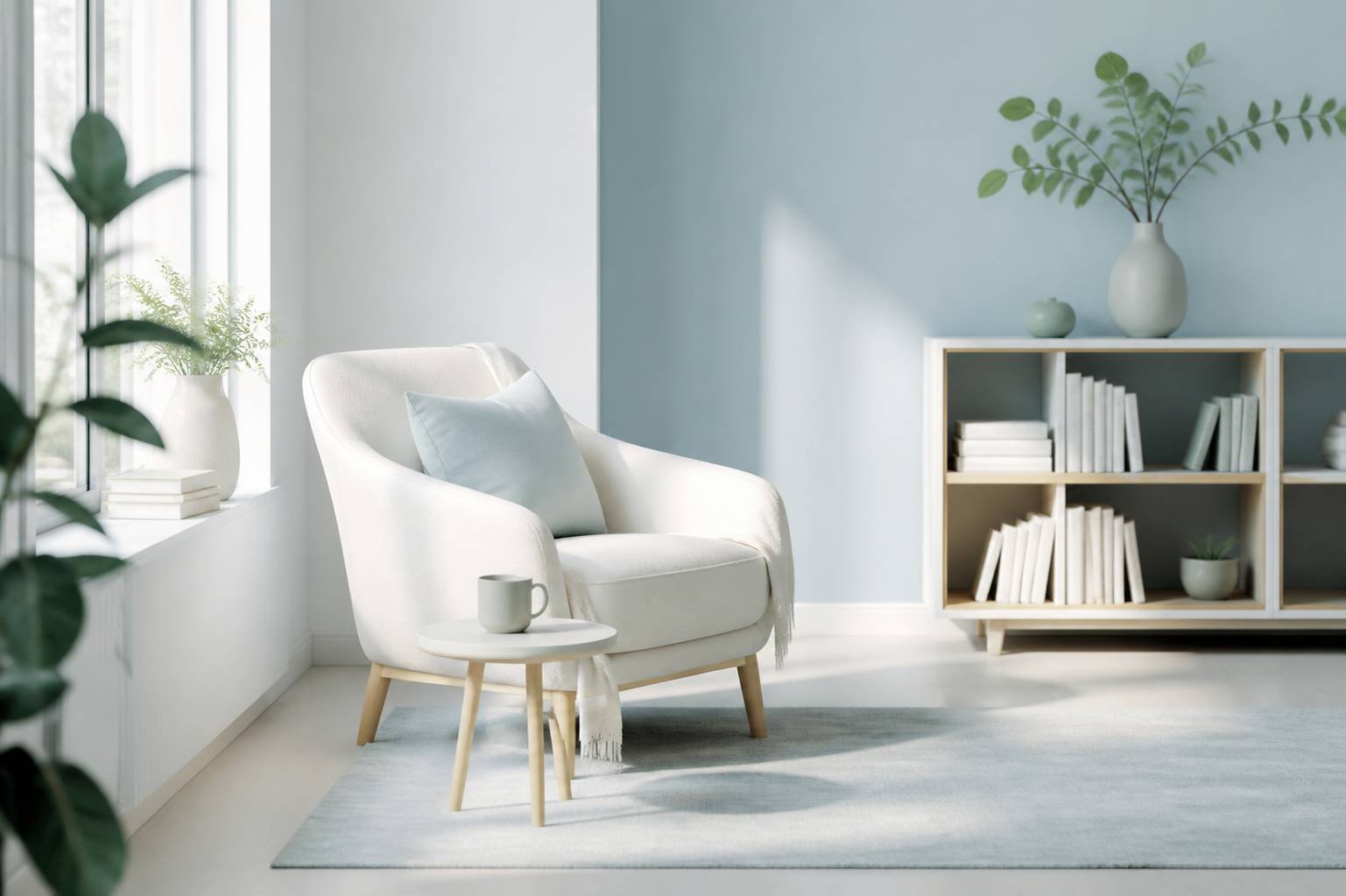 Coin lecture epure avec une petite bibliotheque, un fauteuil et une tasse