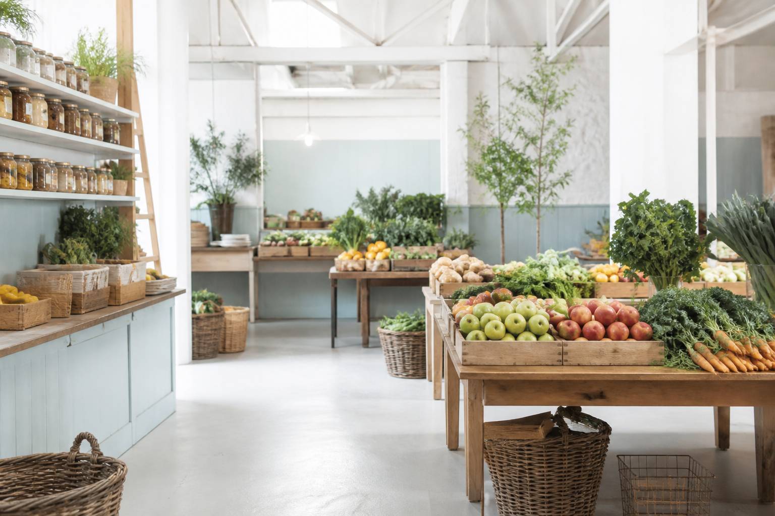 Étal en bois de fruits et légumes dans une boutique de producteurs