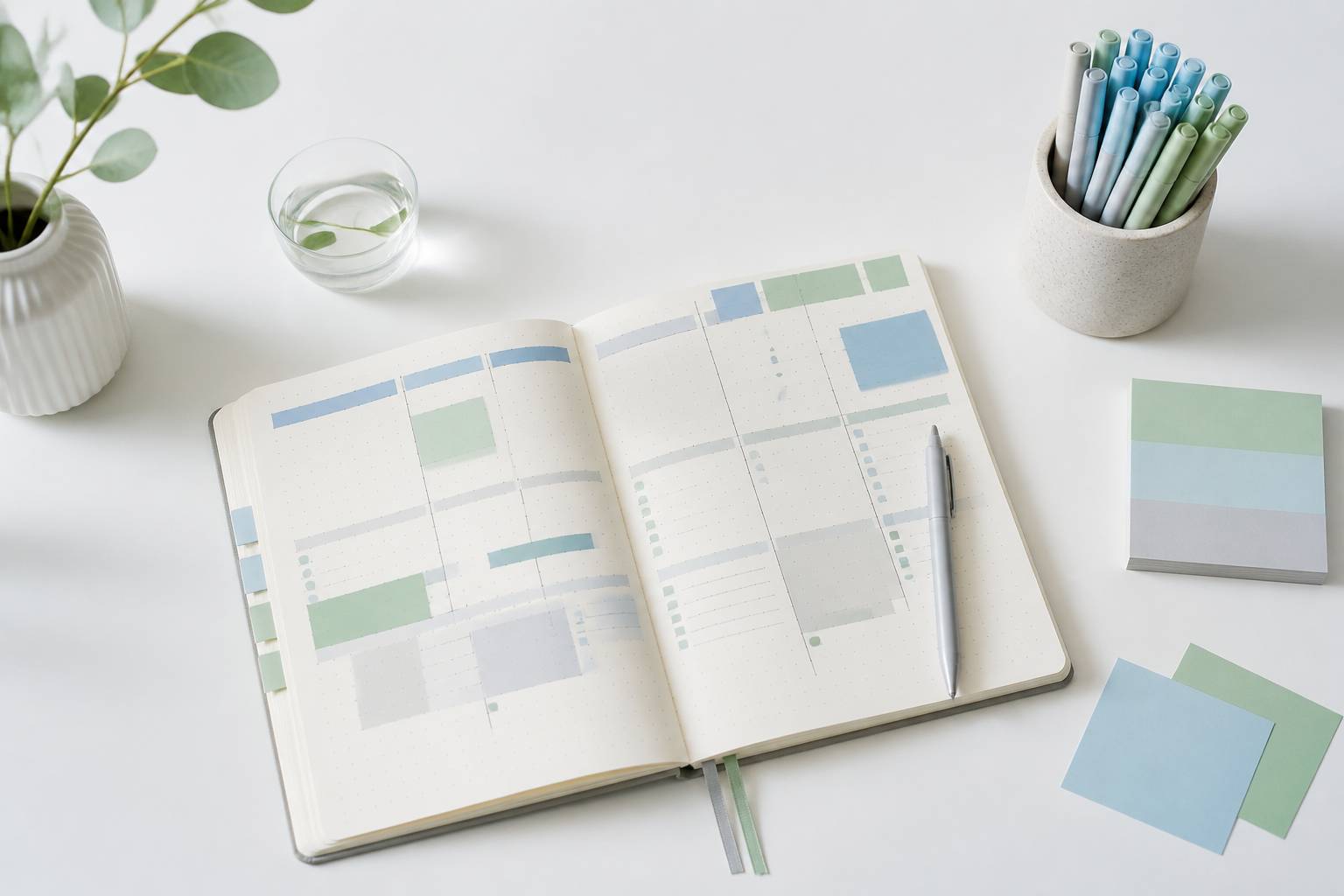 Bullet journal ouvert avec planning hebdomadaire et marqueurs colores