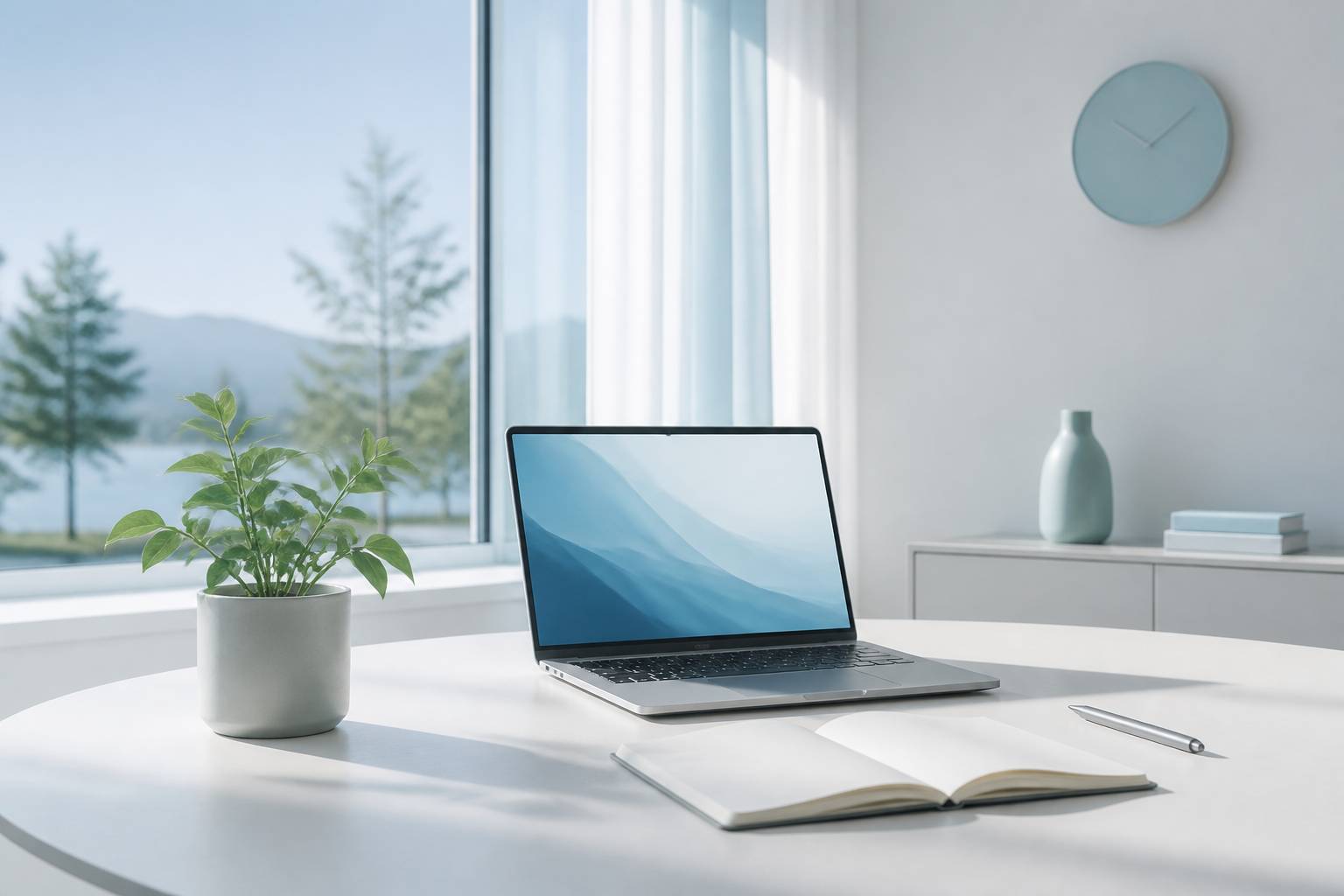 Bureau clair avec un ecran d'ordinateur et un carnet ouvert, symbole de productivite paradoxale