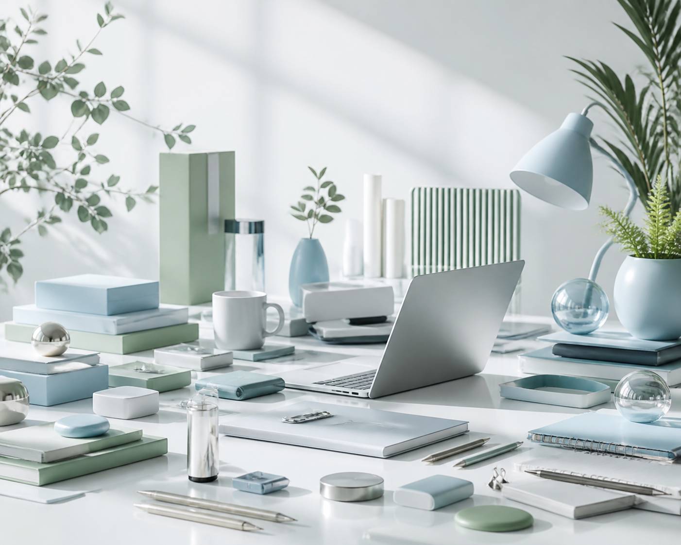 Bureau encombre d'objets neufs et brillants evoquant de nombreux projets commences