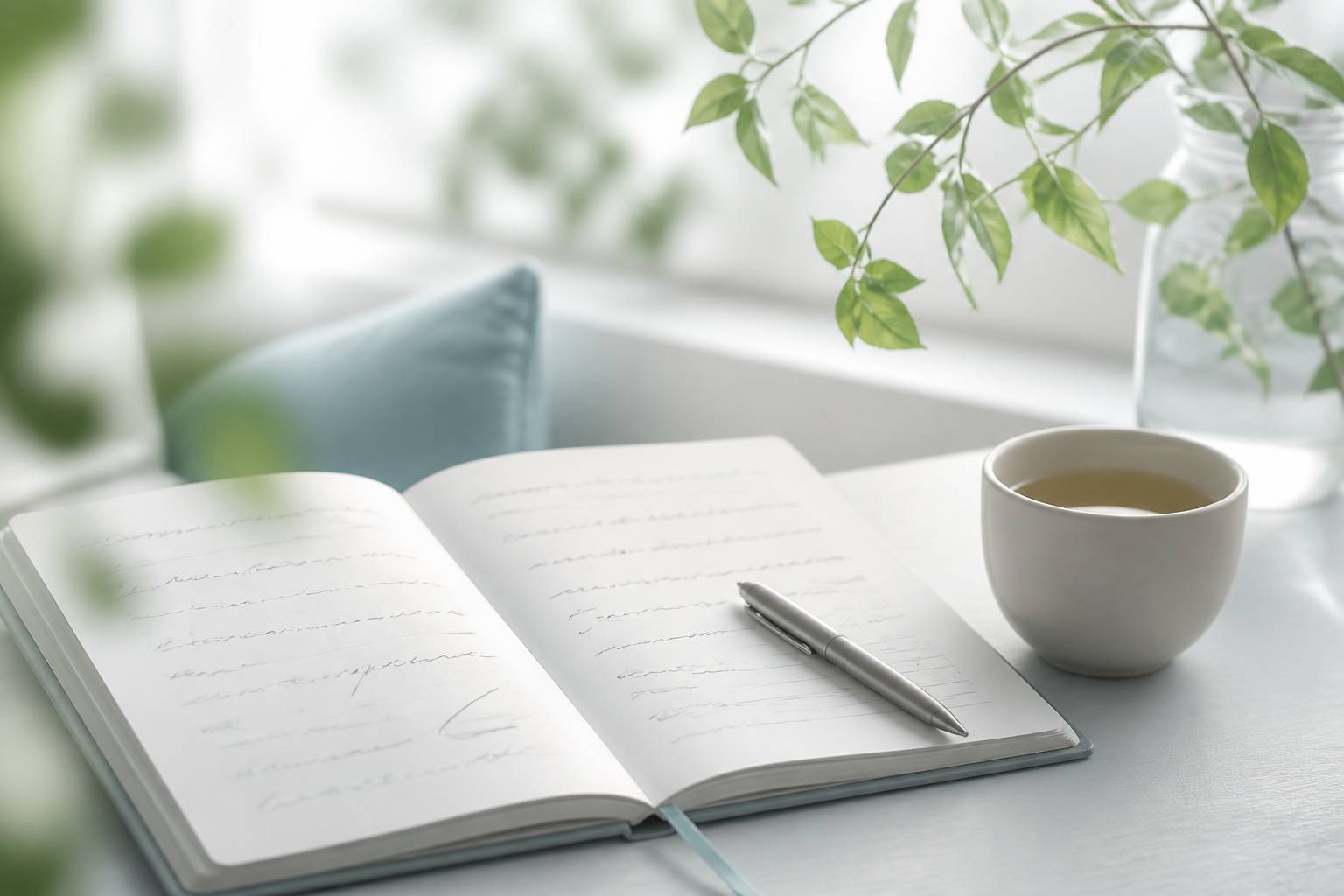 Carnet ouvert avec des notes abstraites et un stylo, evoquant une reflexion sur soi