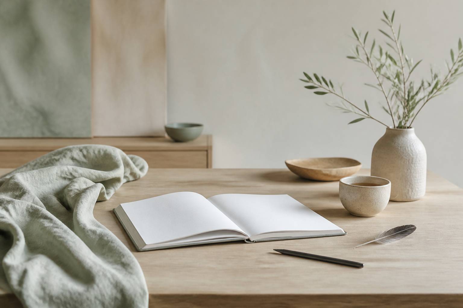 Carnet ouvert et plume sur un bureau minimaliste