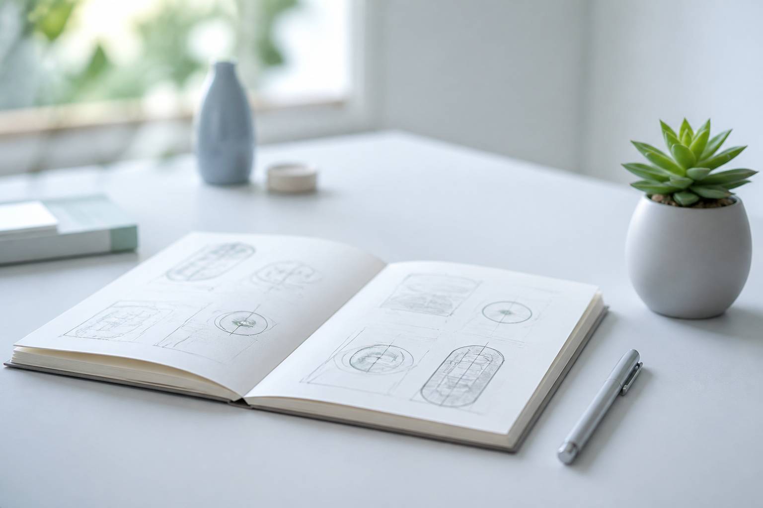 Carnet ouvert avec des notes abstraites sur un bureau clair