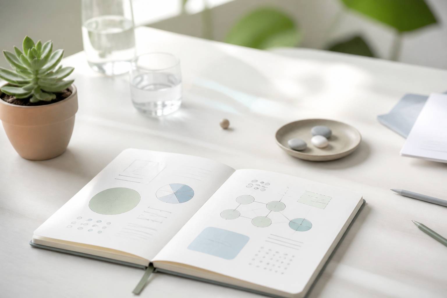 Carnet ouvert avec des schemas abstraits et une petite plante grasse a cote
