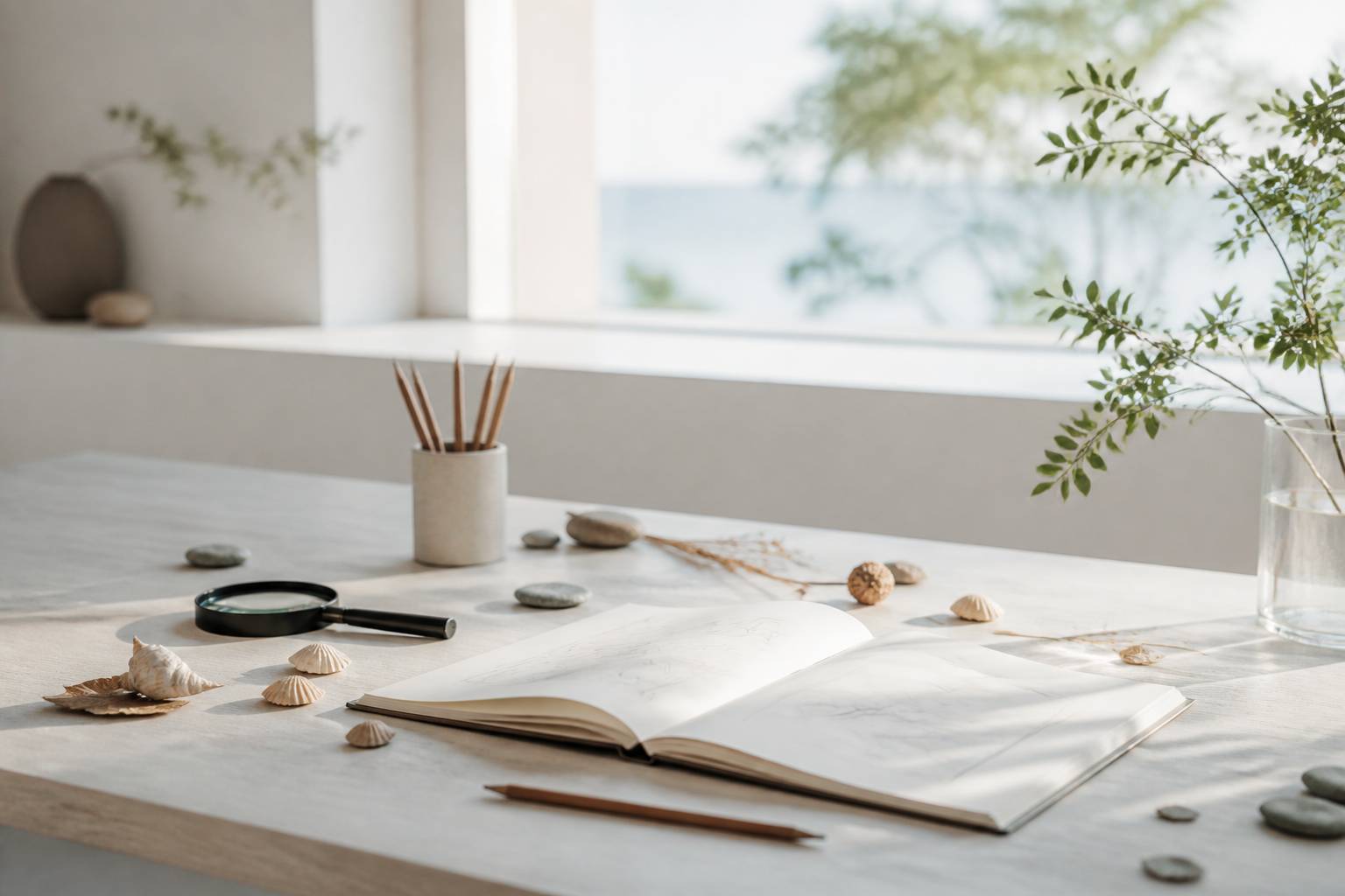 Table d'observation avec loupe, coquillages, feuilles et carnet de croquis