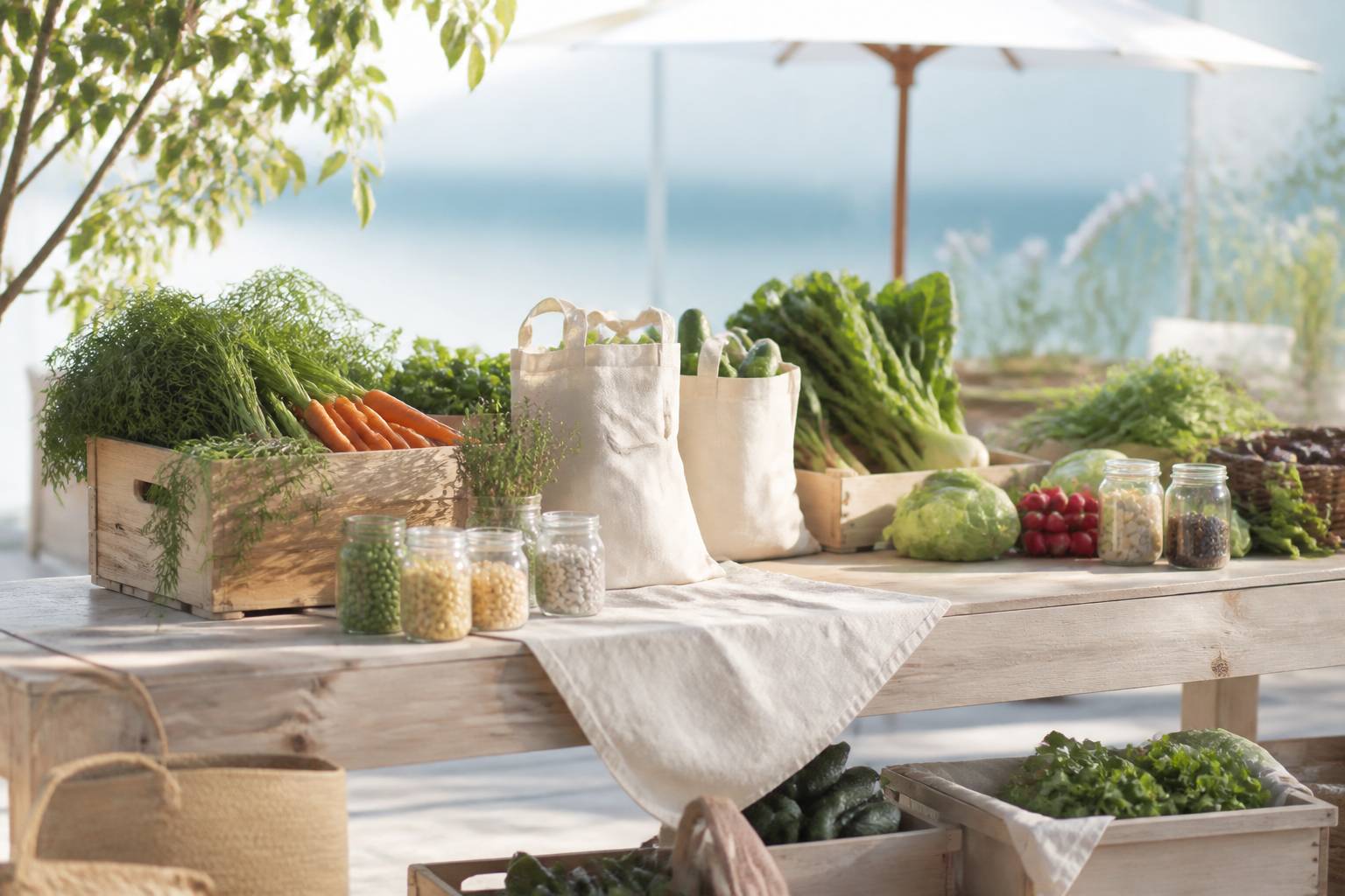 Étal de légumes locaux avec cabas en tissu et bocaux en verre