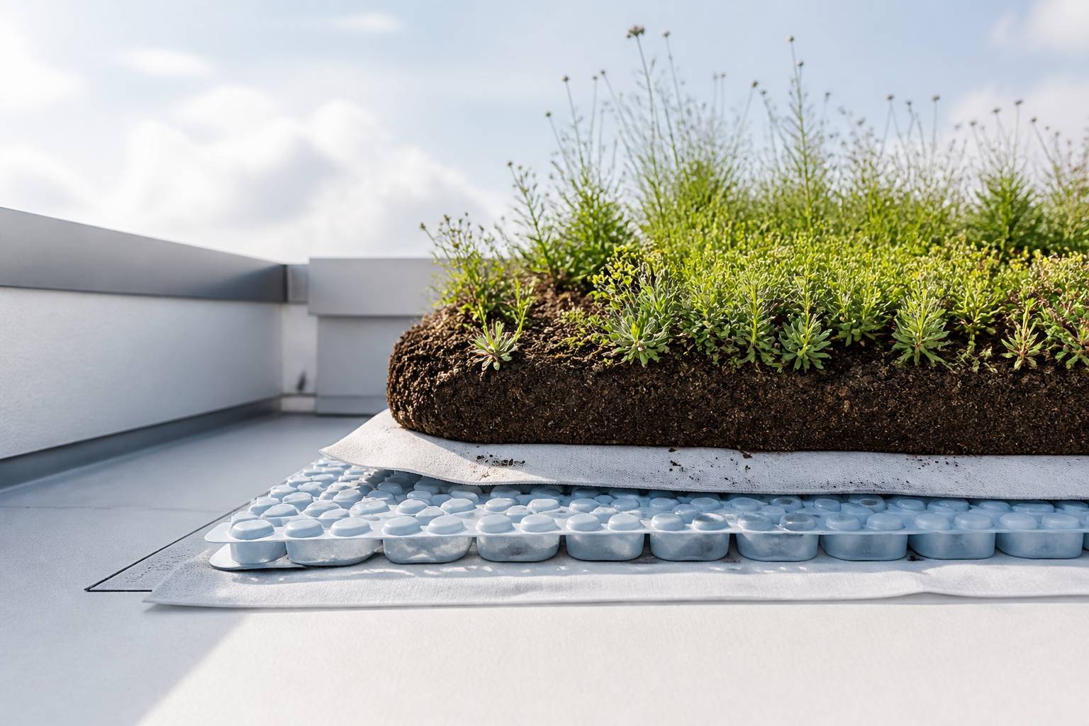 Coupe visible d'une toiture vegetale montrant les couches de substrat et de drainage