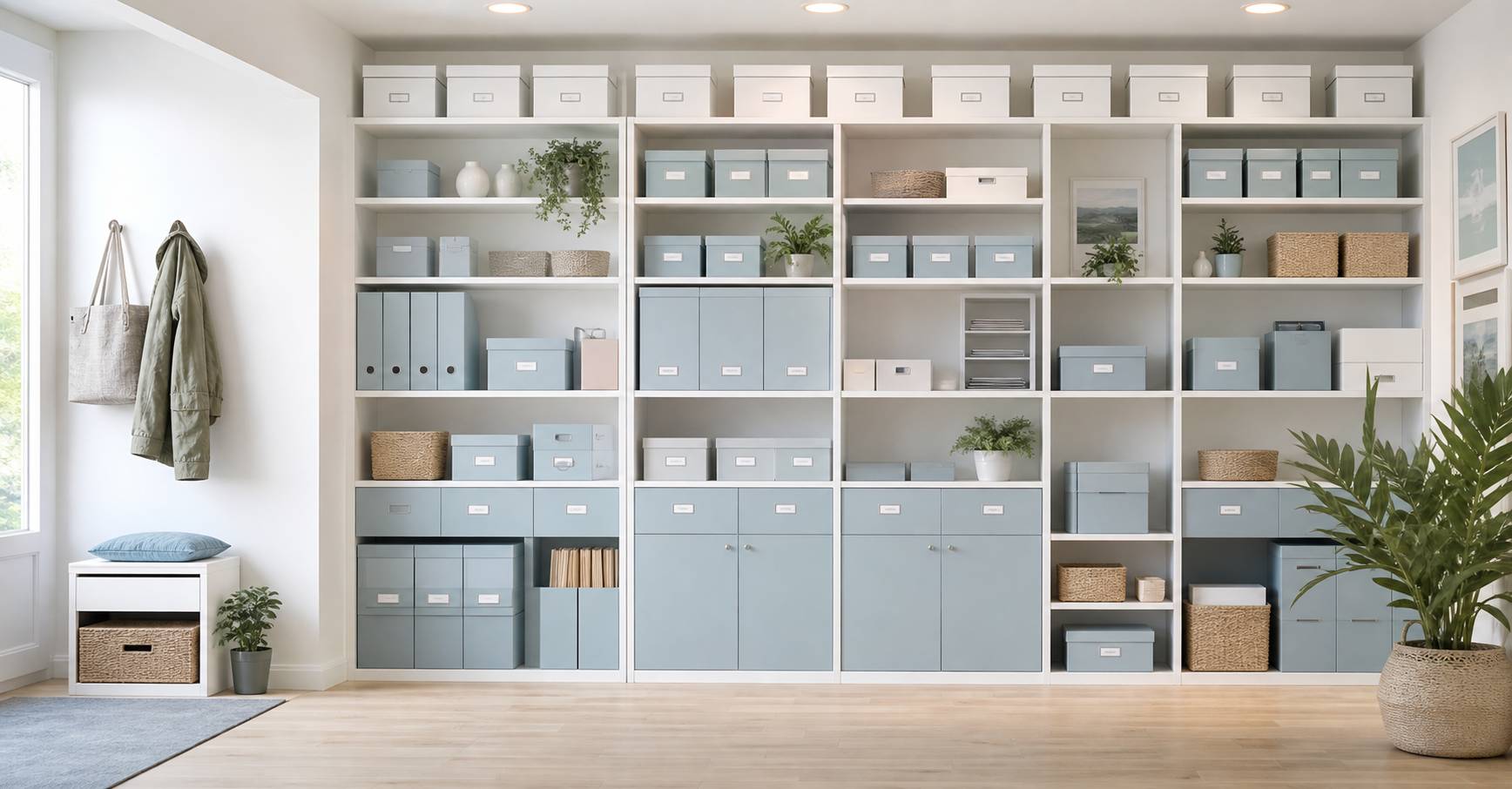 Etagere de rangement organisee par zones avec boites et paniers identiques