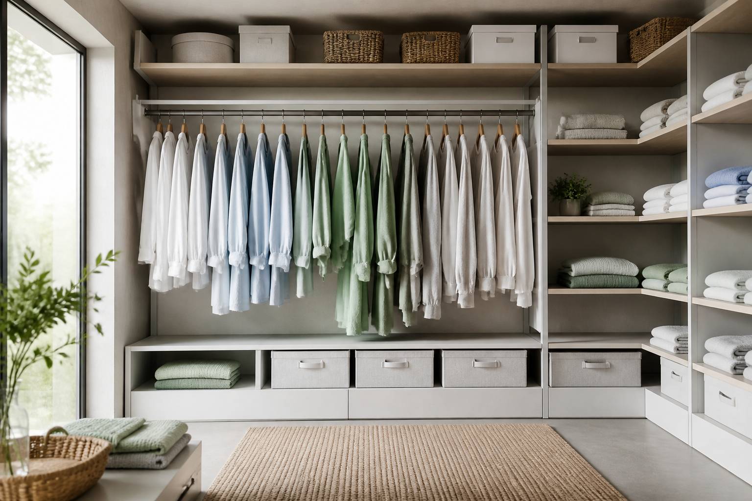 Dressing organise avec des vetements ranges par couleur et des cintres uniformes