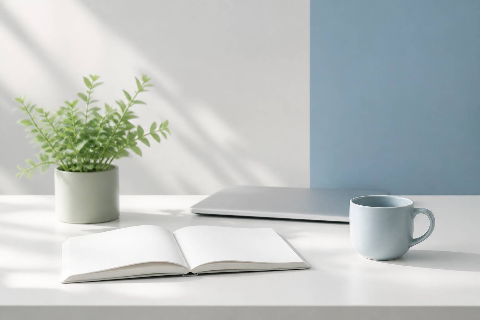 Bureau épuré avec carnet ouvert, ordinateur fermé et plante verte