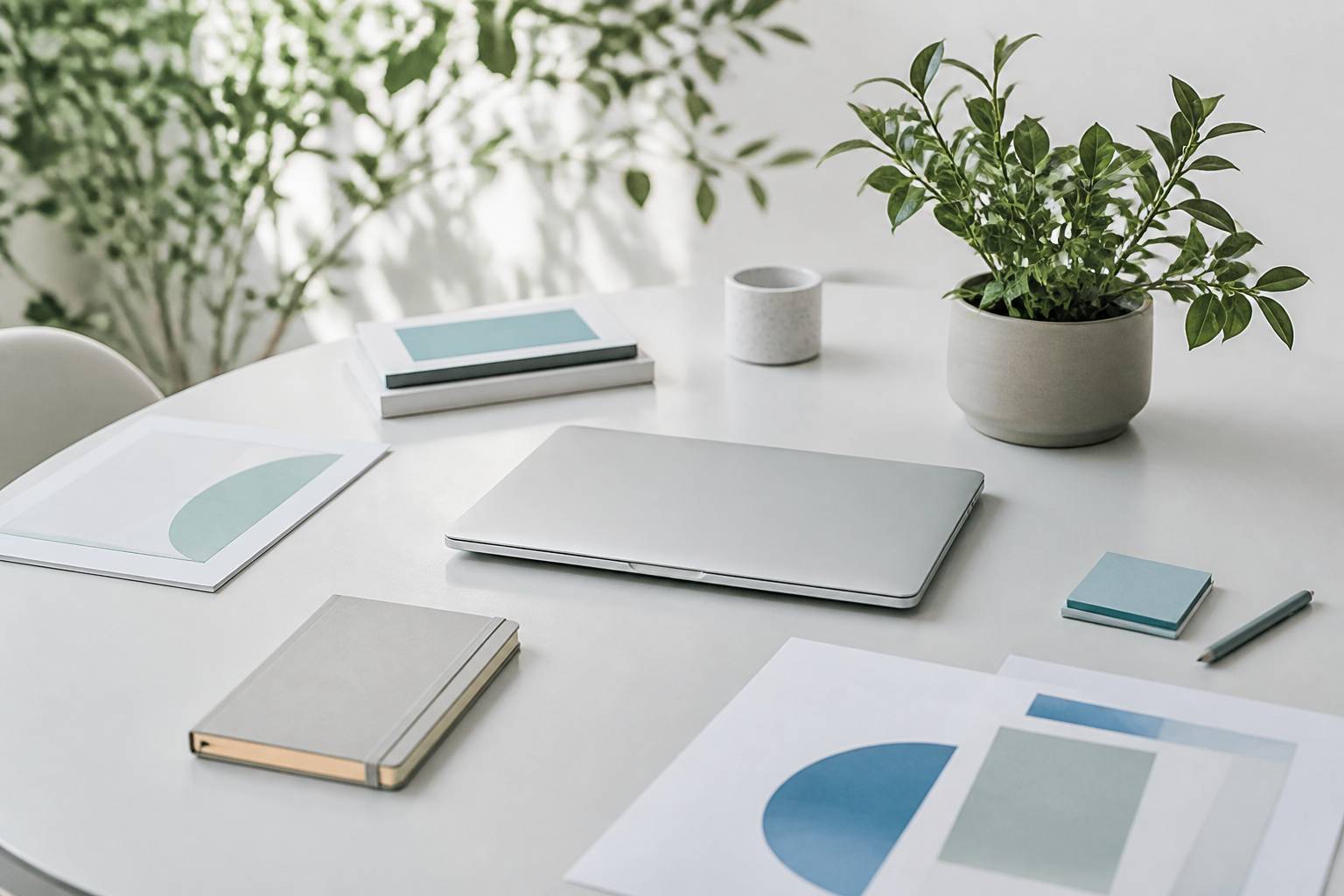 Bureau d'entrepreneur avec un carnet de plans et une plante verte, ambiance durable