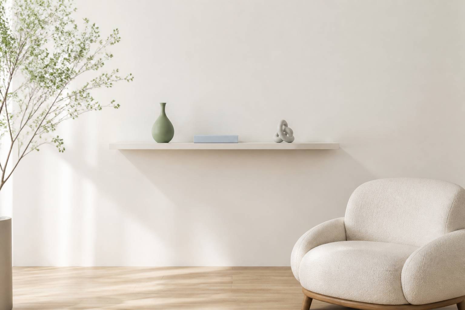 Etagere murale fermee avec quelques objets choisis dans un interieur minimaliste