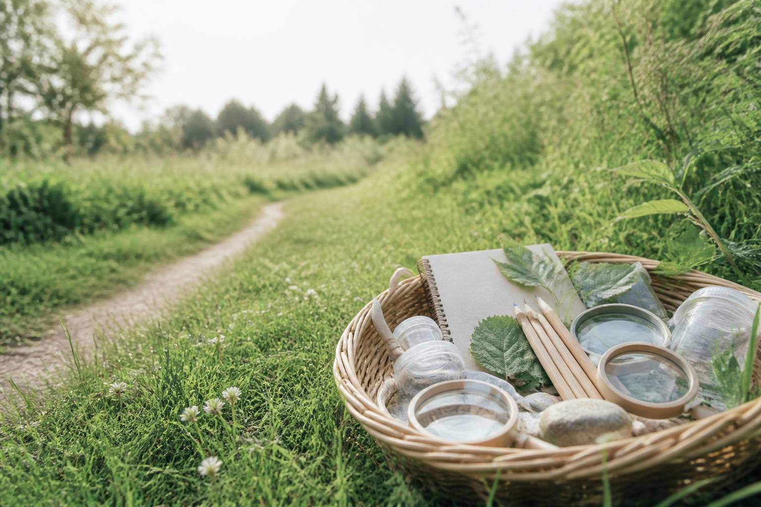 Paniere d'exploration avec loupes, boites et feuilles pour observer la nature