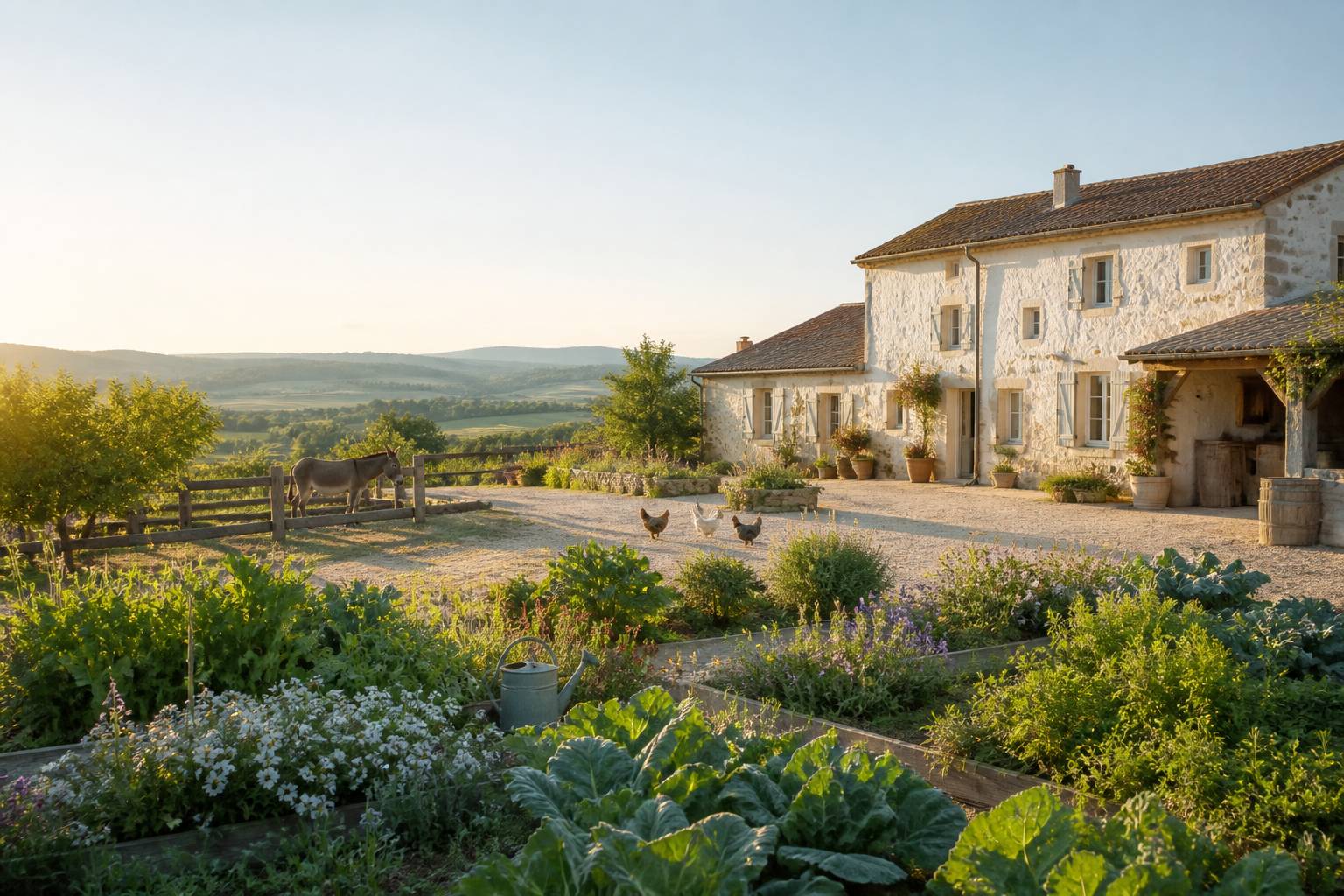 Ferme en pierre rénovée entourée de champs et d'un potager