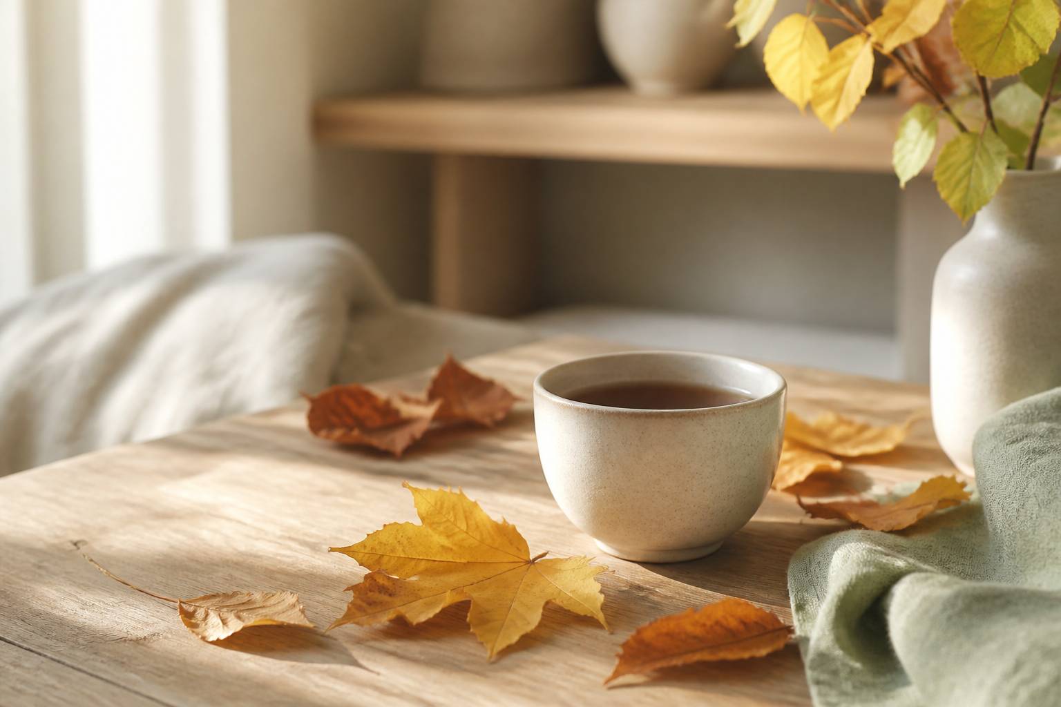 Feuilles d'automne dorées sur une table en bois