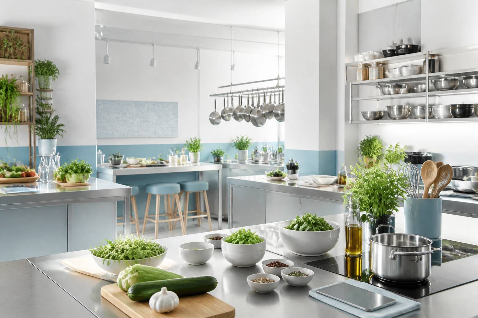 Atelier de cuisine avec plans de travail et ustensiles disposés