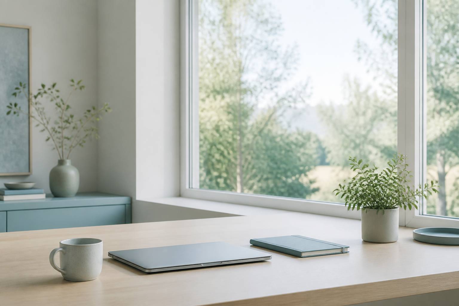 Bureau sobre avec carnet et plante, vue sur la nature par la fenêtre