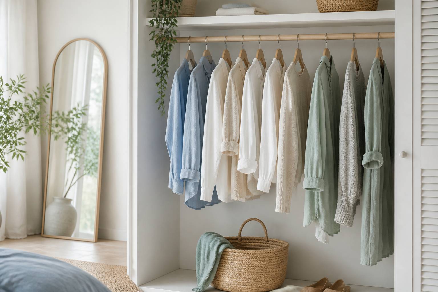 Penderie minimaliste avec quelques vêtements neutres sur cintres en bois