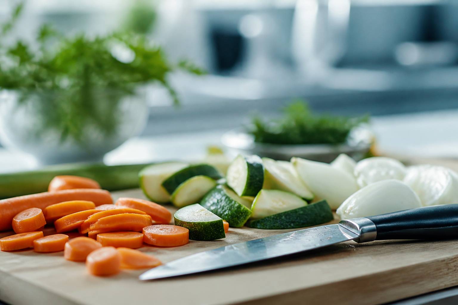 Couteau de chef et légumes frais sur une planche à découper