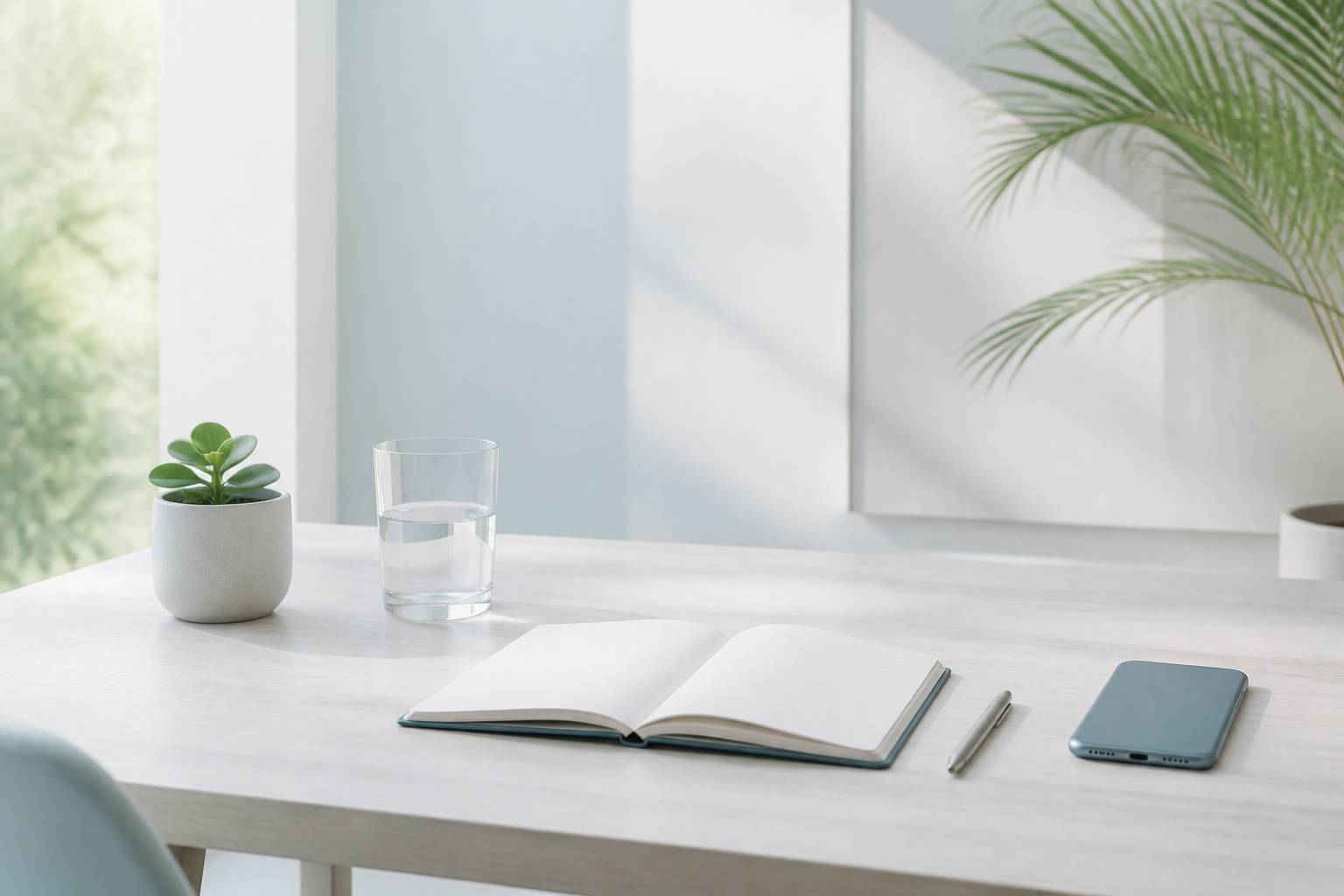 Bureau ordonne avec carnet de suivi, stylo et telephone retourne