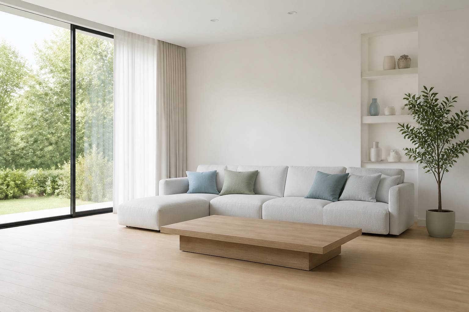 Salon minimaliste épuré baigné de lumière naturelle avec canapé neutre et une plante verte