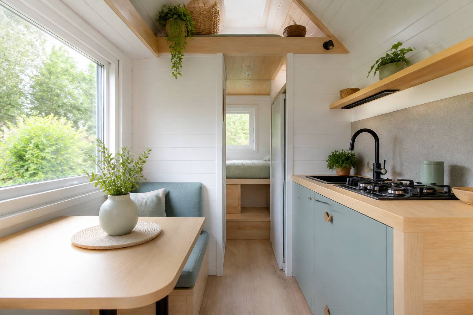Intérieur compact d'une tiny house en bois avec rangements