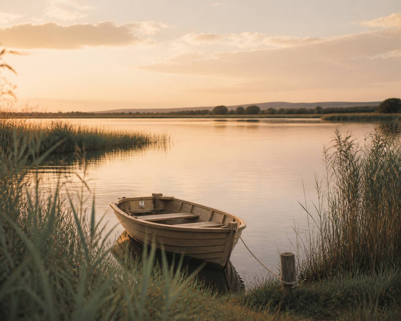 Barque amarrée sur un lac calme au coucher du soleil