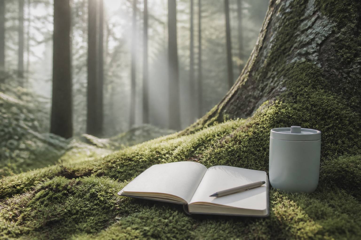 Carnet et stylo poses sur de la mousse pour noter une seance de meditation en foret