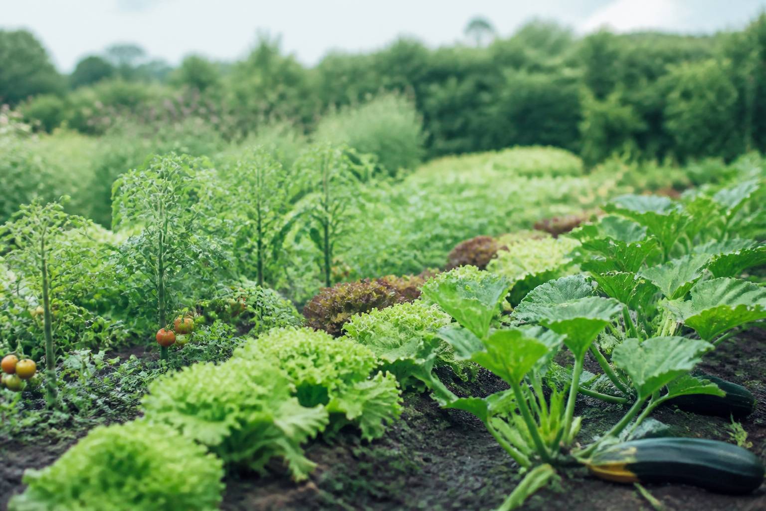 Légumes variés poussant près d'une haie champêtre