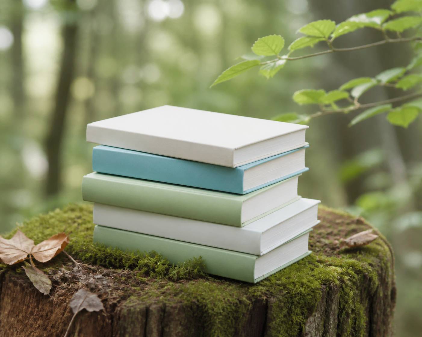 Pile de livres aux couvertures sobres posée sur une souche en forêt