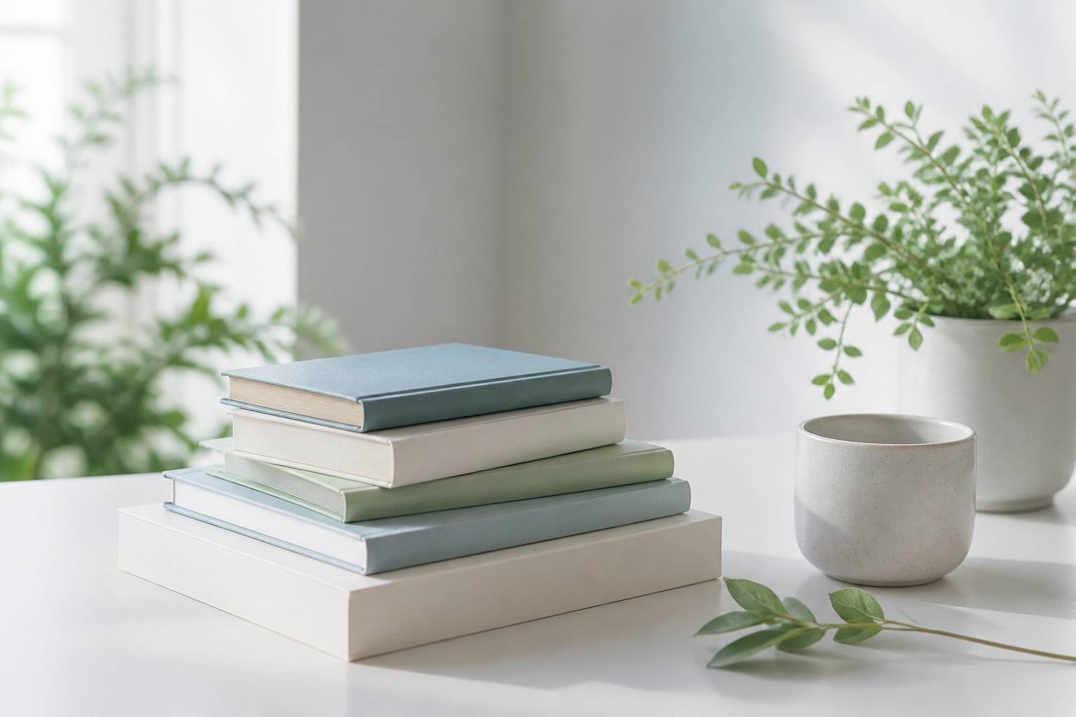 Pile de livres sobres sur le minimalisme posee sur une table claire