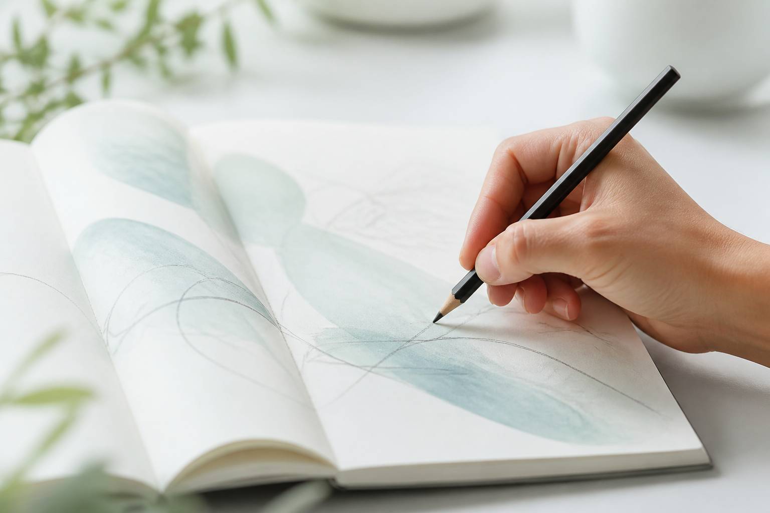Main dessinant des esquisses abstraites dans un carnet sur une table claire