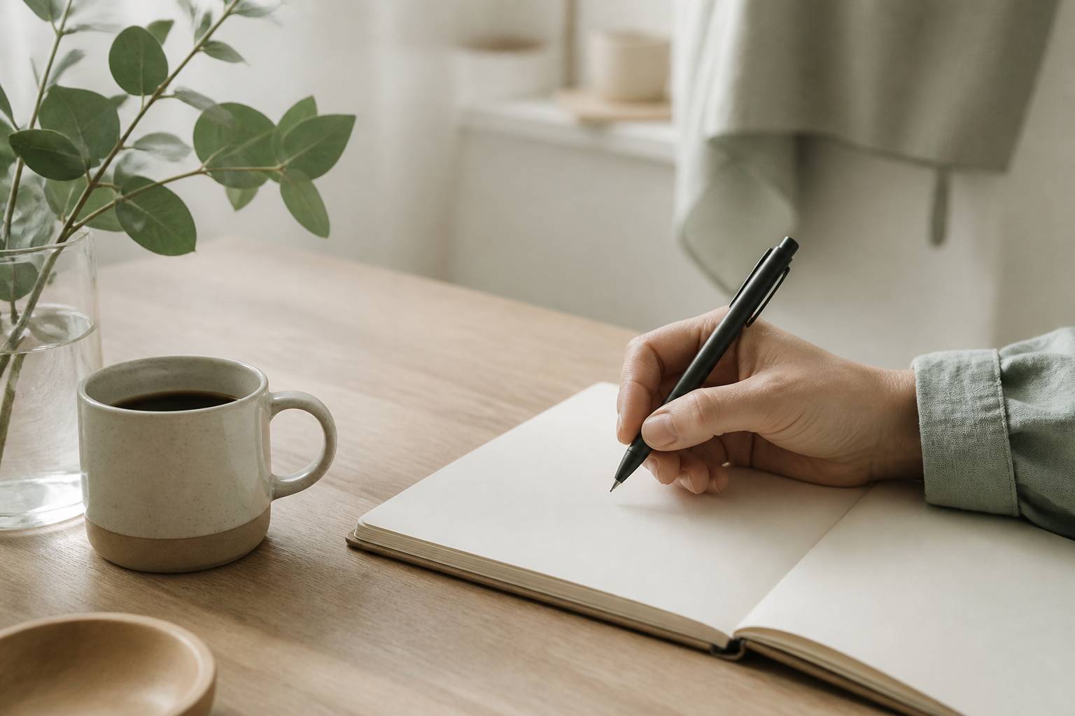 Main écrivant au stylo dans un carnet ouvert