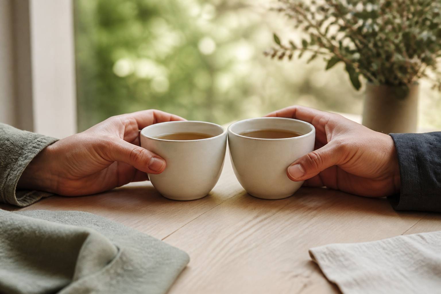 Deux mains se rejoignant autour de tasses de thé