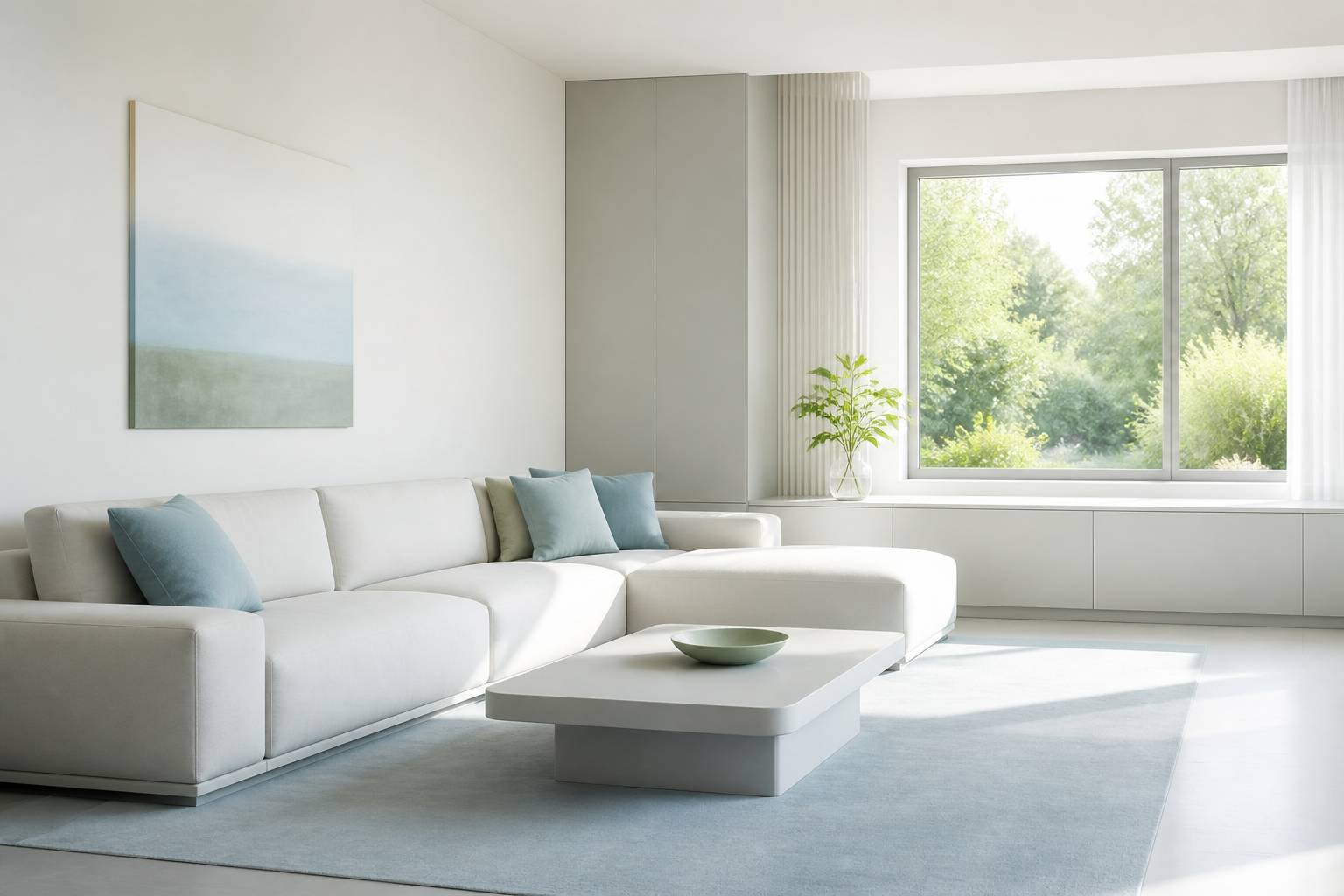Salon minimaliste aux surfaces degagees avec canape neutre et rangements fermes
