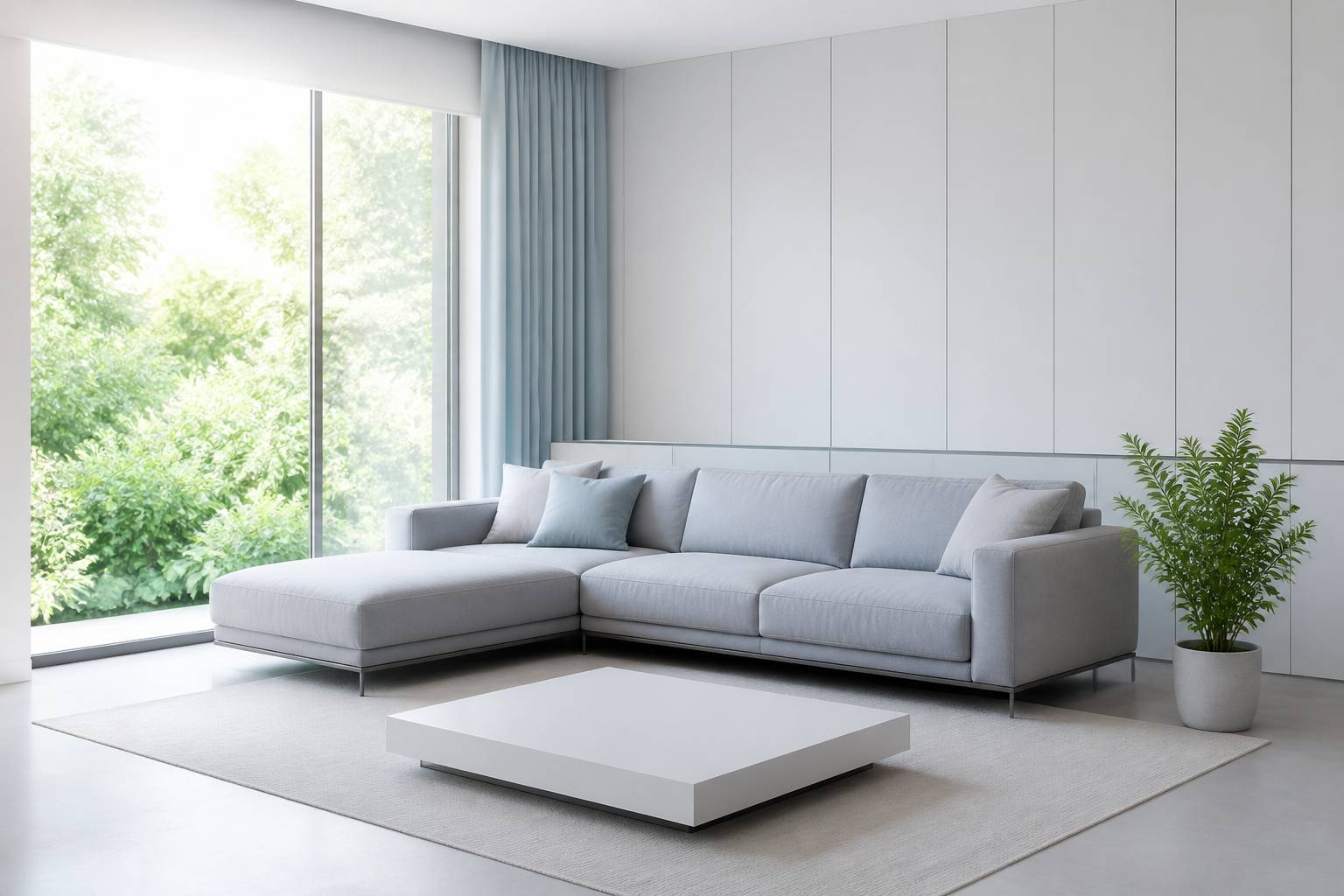 Salon minimaliste aux surfaces degagees avec canape neutre et table basse vide